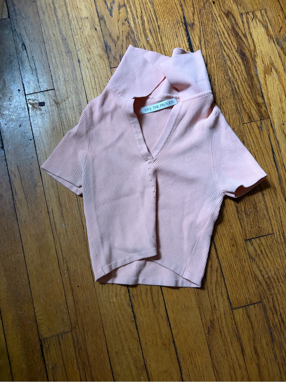 Live The Process light pink Ribbed V-Neck Short Sleeve Top